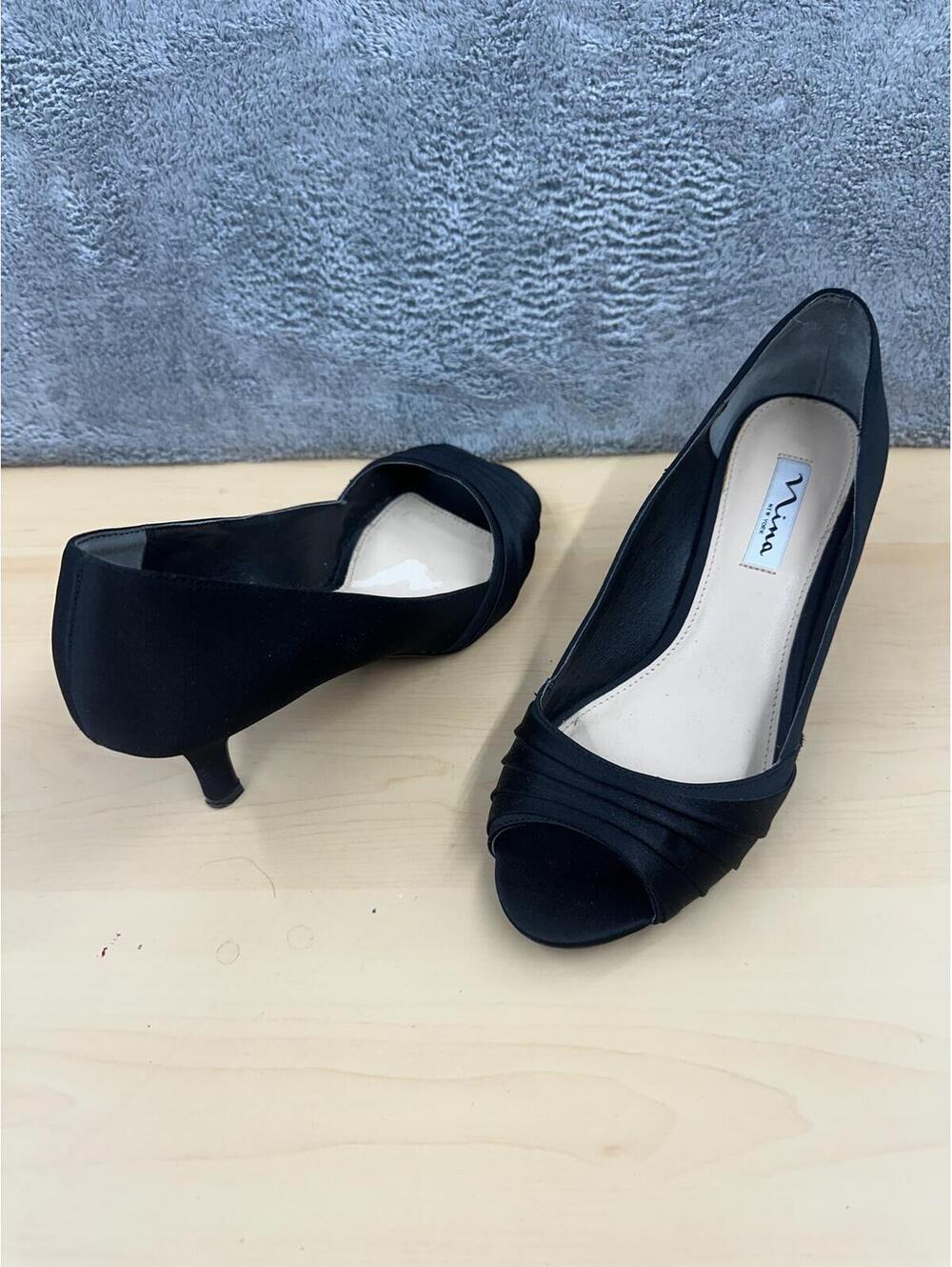 Nina Black Satin Peep Toe Kitten Heel Pumps
